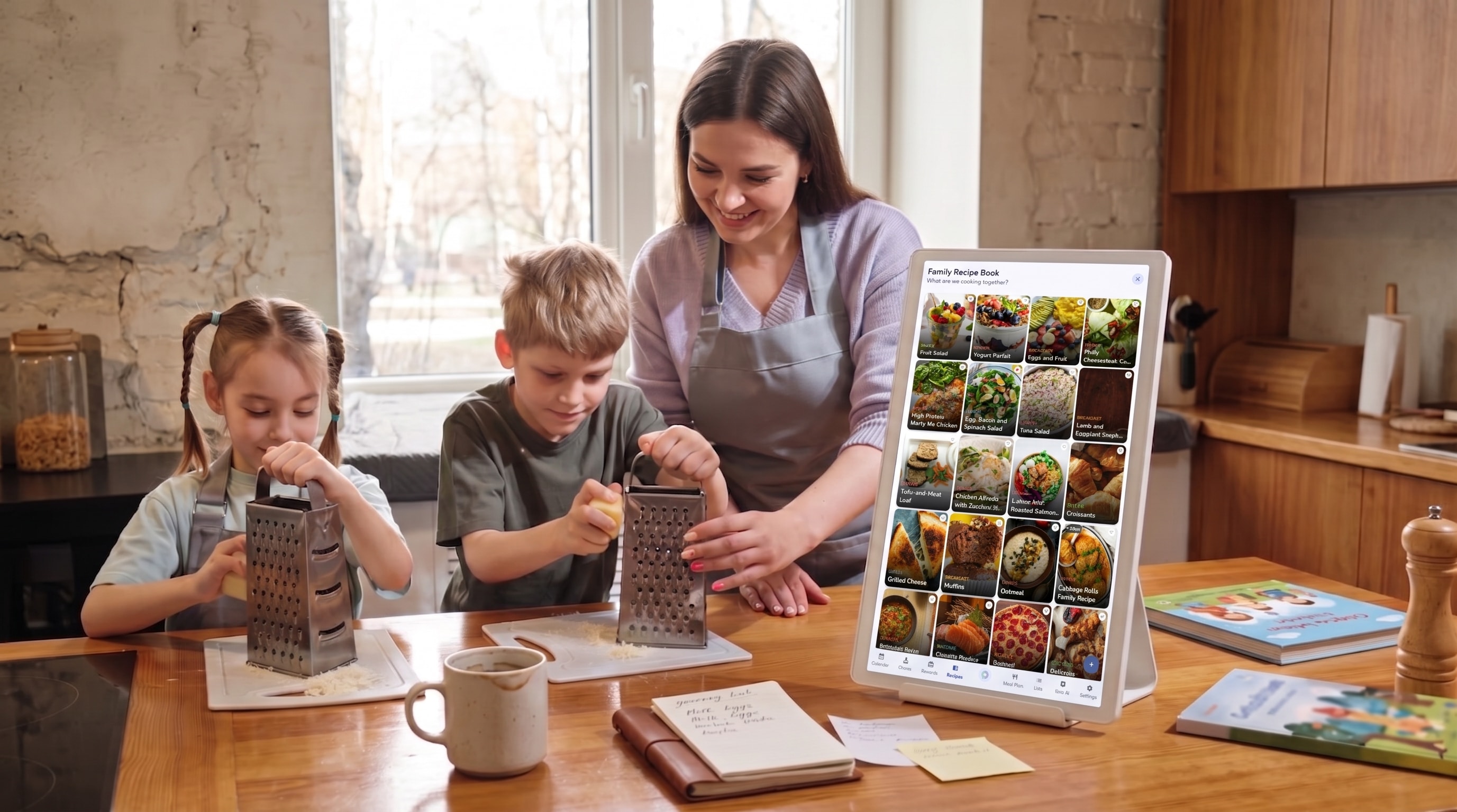 A parent and two kids cooking together at the kitchen table beside a Kora display showing the family recipe book