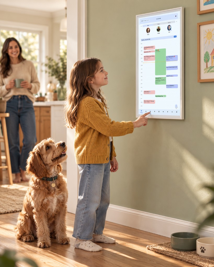 A child pointing at the family calendar on a wall-mounted Kora display