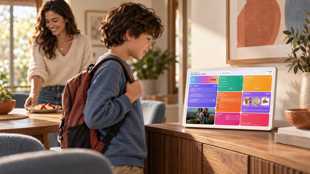 A child with a backpack checking the Kora display before school